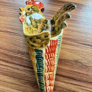 Vintage Ceramic Wall Pocket Hand Painted Italian Rooster Glazed Rustic Colorful